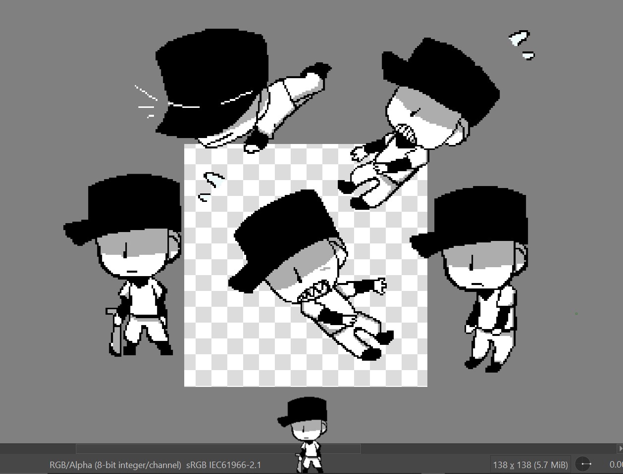 A screenshot of a Krita digital drawing canvas with multiple pixelated style Shimeji of the Batter from a videogame called OFF.